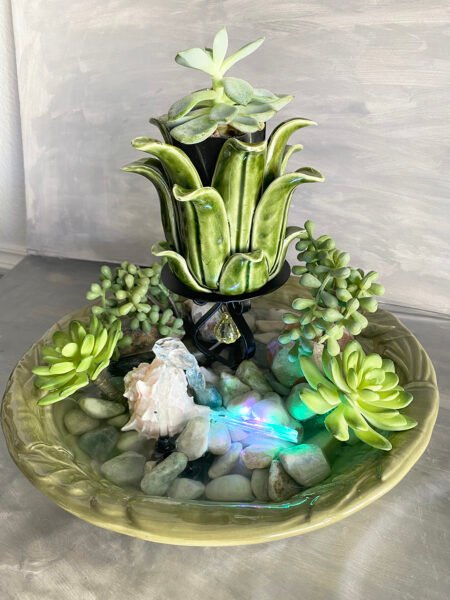 Lotus Flower Water Fountain Ceramic Green Tabletop with Plant