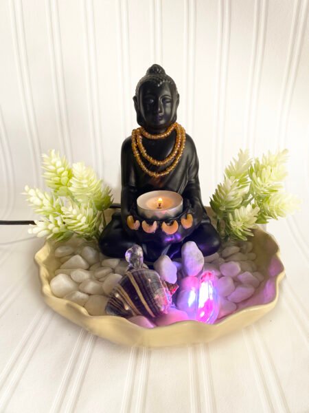 Tranquil Meditating Black Yellow Quartz Half Moon Accents Buddha Zen Water Fountain Tabletop